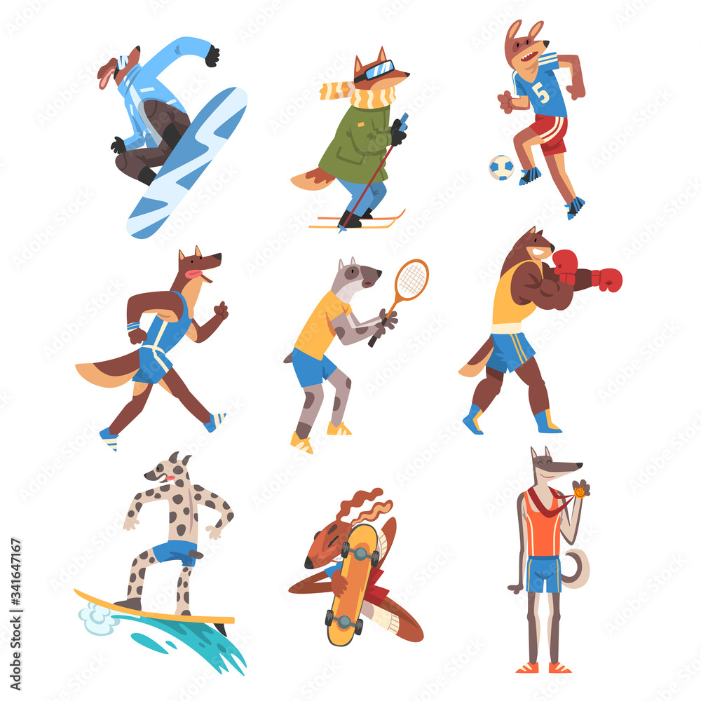 Naklejka Pies robi różne rodzaje sportów zestaw, zwierzęta sportowcy postacie noszenia mundurów uprawiania sportu ilustracji wektorowych