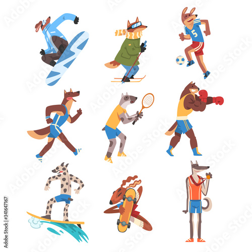 Dog Doing Various Kinds of Sports Set, Animals Athletes Characters Wearing Uniform Doing Sports Vector Illustration