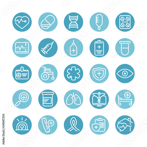 medical and health care equipment assistance icon set block style