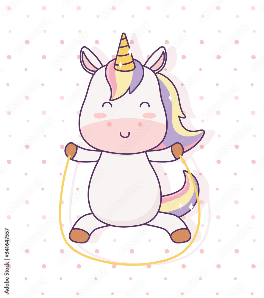 Fototapeta premium kawaii unicorn playing with jump rope cartoon character magical fantasy