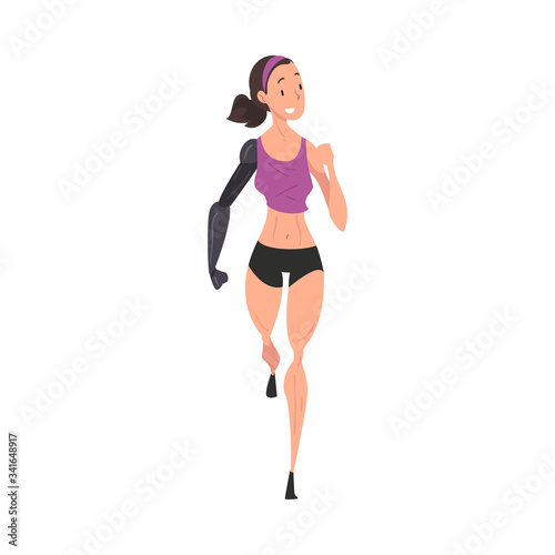 Disabled Young Woman Running, Female Athlete Character with Bionic Arm Prosthesis Jogging, Front View Vector Illustration