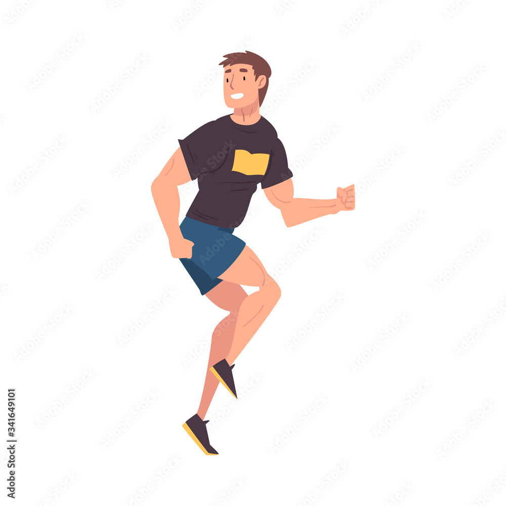 Running Young Man in Sportive Clothes, Male Athlete Character, Side View Vector Illustration