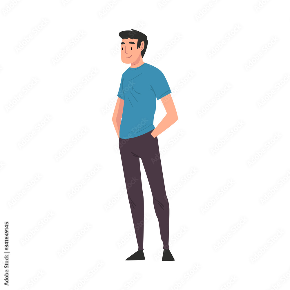 Cheerful Man in Casual Clothes Standing with Hands in His Pockets Vector Illustration