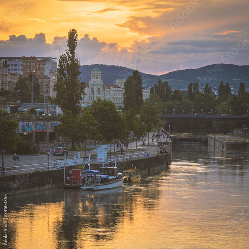 The Donaukanal (Danube Canal) in Vienna during golden hour.