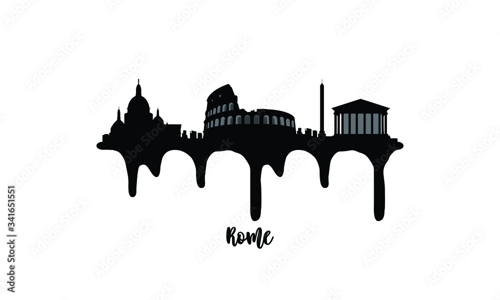 Rome Italy black skyline silhouette vector illustration on white background with dripping ink effect.