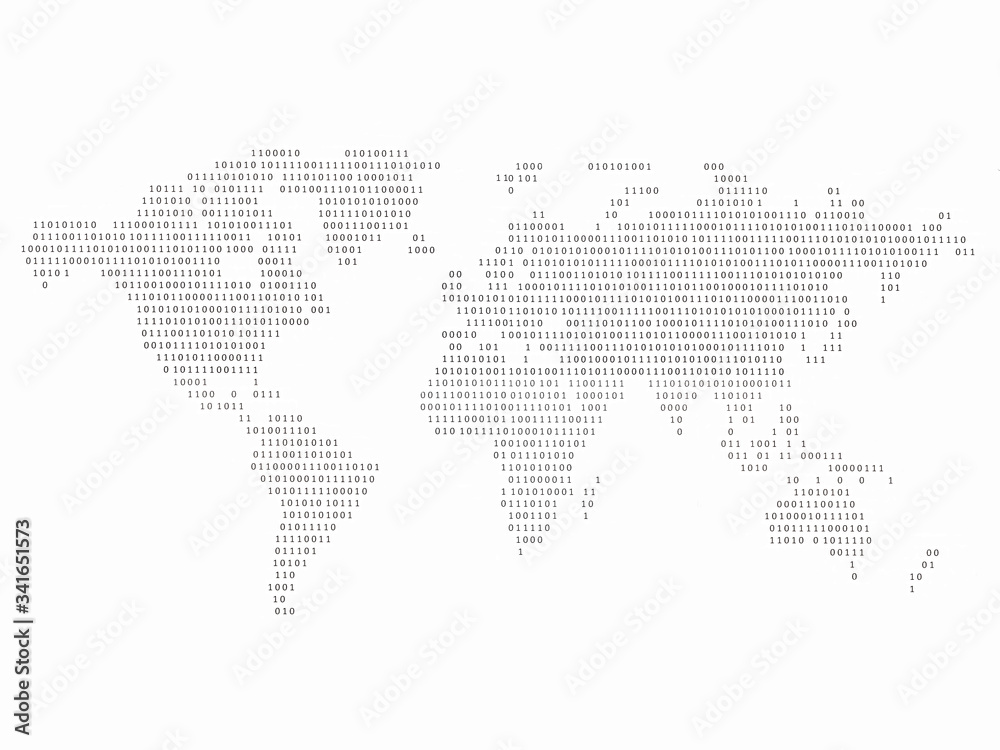 an isolated map of the world made up of binary digits