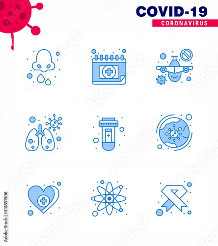 Coronavirus Prevention Set Icons. 9 Blue icon such as test, virus, schudule, infedted, warning photo