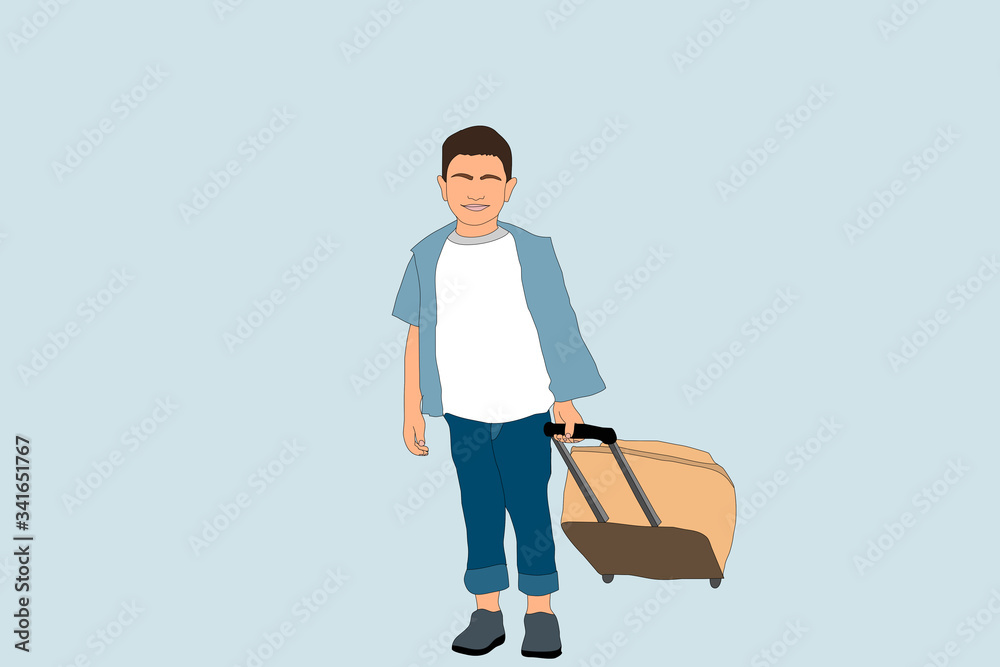 illustration of a boy and suitcase on a blue background illustration of a boy and suitcase on a blue background