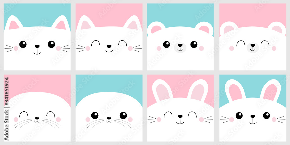White cat rabbit bunny seal pup sea lion, bear head face square icon set.  Notebook cover, greeting card. Cute cartoon kawaii funny character.  Valentines Day. Flat design. Blue pink background. Stock Vector