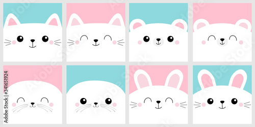 White cat rabbit bunny seal pup sea lion, bear head face square icon set. Notebook cover, greeting card. Cute cartoon kawaii funny character. Valentines Day. Flat design. Blue pink background.