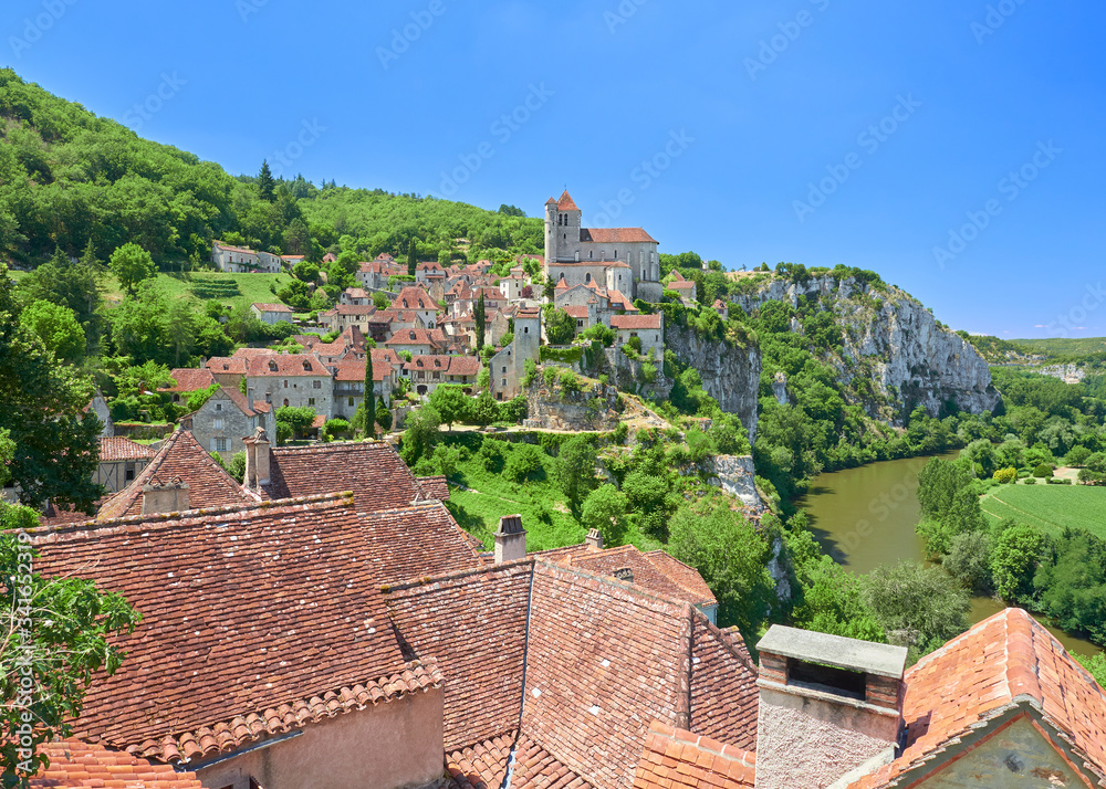 Landscape view of Saint-Cirq-Lapopie, one of the most beautiful villages in France (Les Plus Beaux Villages de France), Lot River valley, Causses du Quercy Natural Park