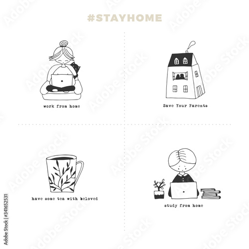 Vector Illustration. Covid-19. Stay home on quarantine during the coronavirus pandemic.