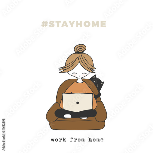 A girl works from home. Vector colored illustration. Covid-19 quarantine.