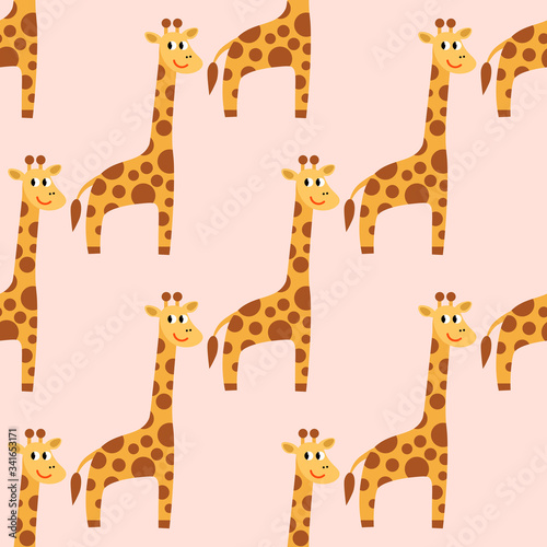 Cartoon cute giraffe in flat style seamless pattern. Wild animal background. Childlike style. Vector illustration. 