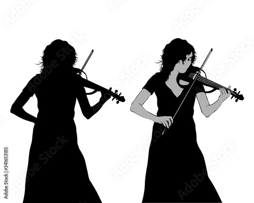 Young girl playing the violin at a concert. Isolated silhouette on a white background