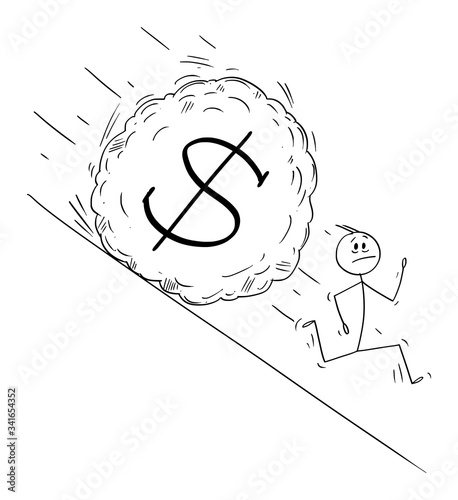 Vector cartoon stick figure drawing conceptual illustration of stressed man or businessman running away from boulder rolling down hill. Financial concept of falling dollar currency.