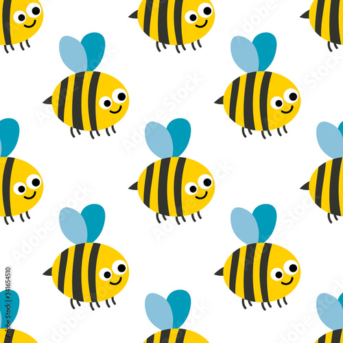 Seamless pattern with cartoon happy bee. Insect wrapping paper, fabric, textile, background. Vector illustration. 
