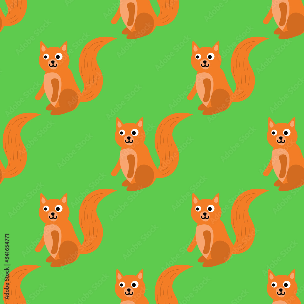 Obraz premium Cute cartoon squirrel in flat style seamless pattern. Woodland animal background. Vector illustration. 