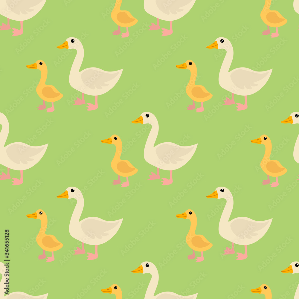Fototapeta premium Cartoon cute goose and gosling family in flat style seamless pattern. Farm animal background. Vector illustration. 