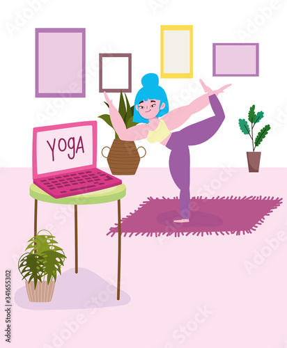 online yoga, young woman stretching yoga exercises in room with laptop