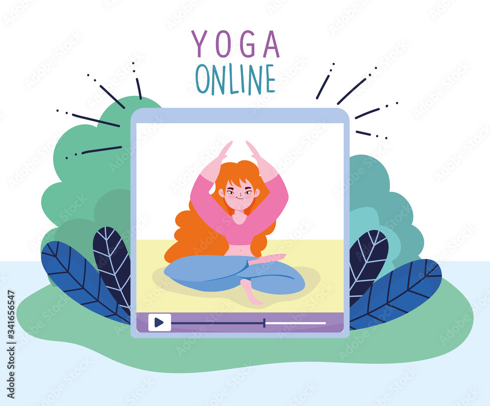 online yoga, video training yoga exercise digital cartoon Stock Vector |  Adobe Stock