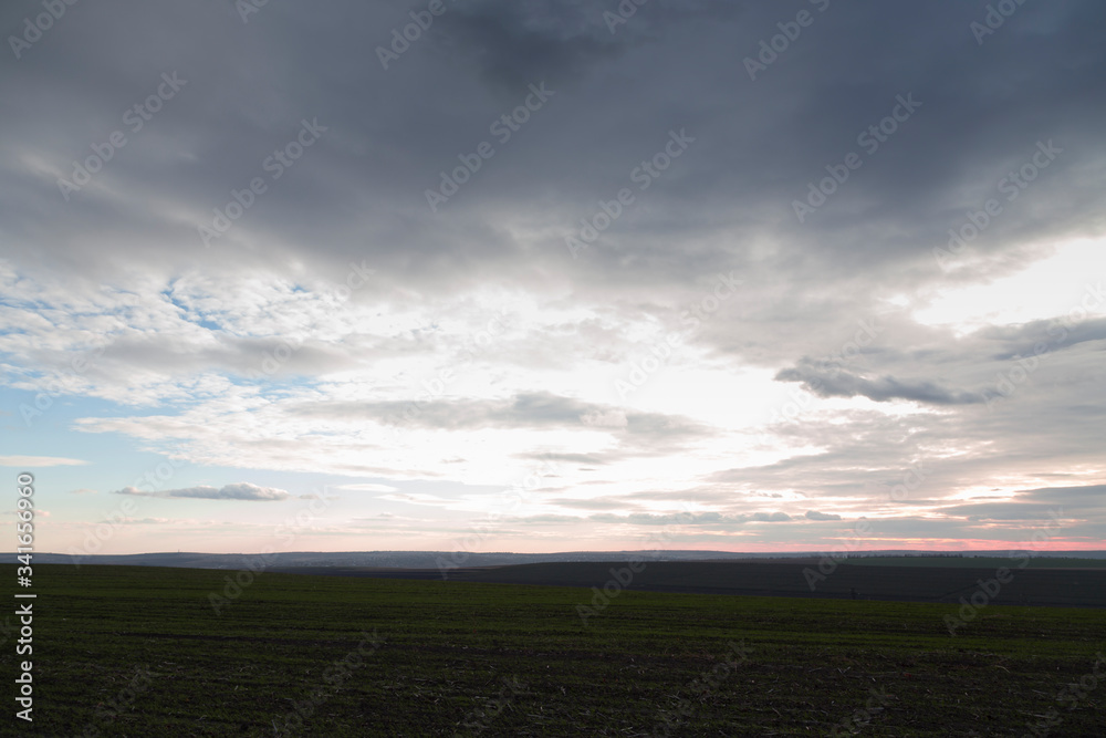 Arable land and the pink sunset with clouds. Arable land and the pink sunset with clouds.