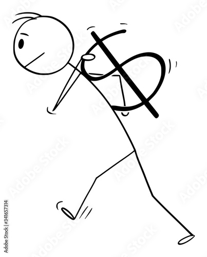 Vector cartoon stick figure drawing conceptual illustration of man or businessman carrying heavy dollar currency symbol on his back.