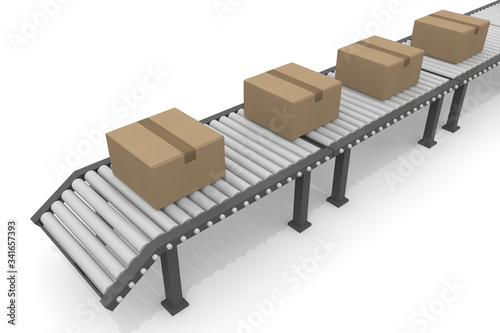 Ship the parcel from the factory. It flows on a belt conveyor. 3D rendering