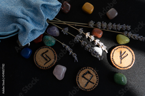 wooden runes  on a black background