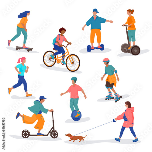 Boys and girls go in for outdoors activity:running,walking dog,roller skating,skateboarding,bicycling,using electric scooter, monocycle,hoverboard. Set of flat cartoon vector isolated illustrations.