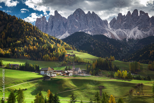 Famous best alpine place of the world  Santa Maddalena village with Dolomites mountains in background  Val di Funes valley  Trentino Alto Adige region  Italy  Europe