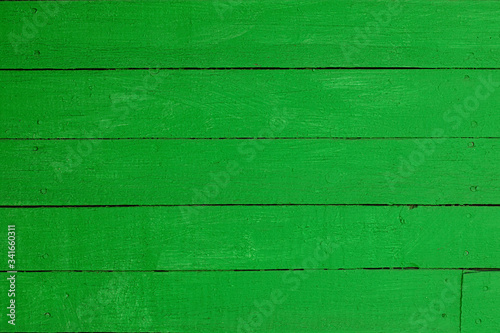 Wooden planks with green paint. Textured background with horizontal lines