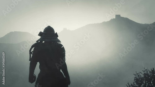 Samurai Bushido Warrior Standing in front a Great Mountain photo