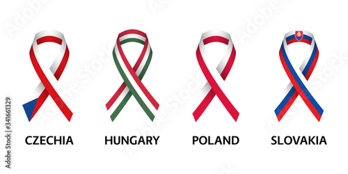Set of four Czech, Hungarian, Polish and Slovak stripe ribbons. Pray for Czech Republic, Hungary, Poland and Slovakia. Independence day. Simple icons with flags isolated on a white background