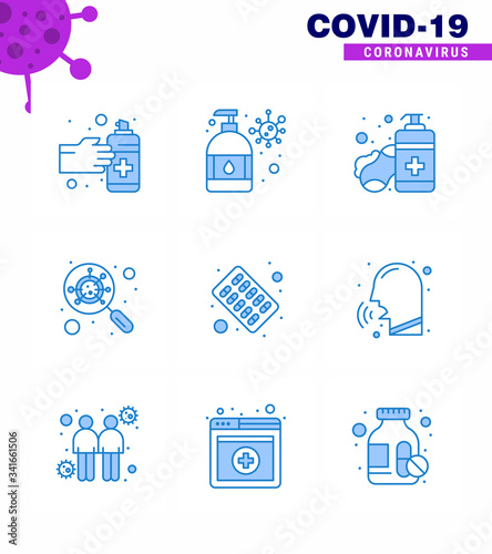 Coronavirus Precaution Tips icon for healthcare guidelines presentation 9 Blue icon pack such as medical, magnifying, soap, interfac, devirus photo