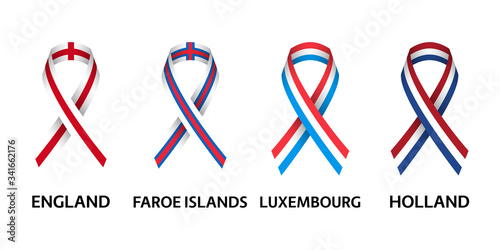 Set of four English, Faroe Islands, Luxembourgish and Dutch stripe ribbons. Pray for England, Faroe Islands, Luxembourg and Netherlands. Independence day. Simple icons with flags