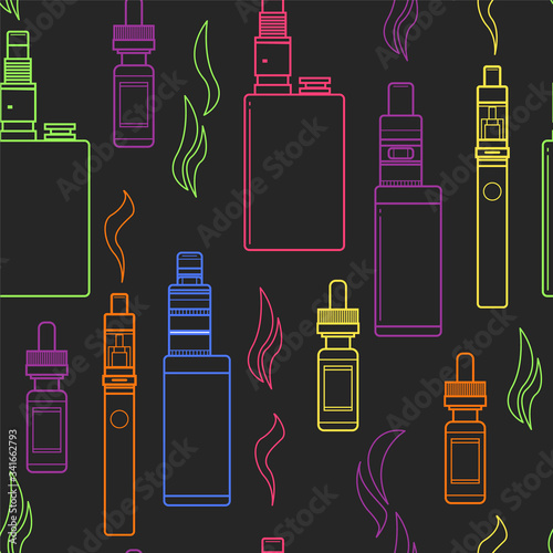 Vector seamless pattern of vape and accessories. Color print on black background. Endless vape background. Vape seamless pattern. Illustration of Electronic cigarette.