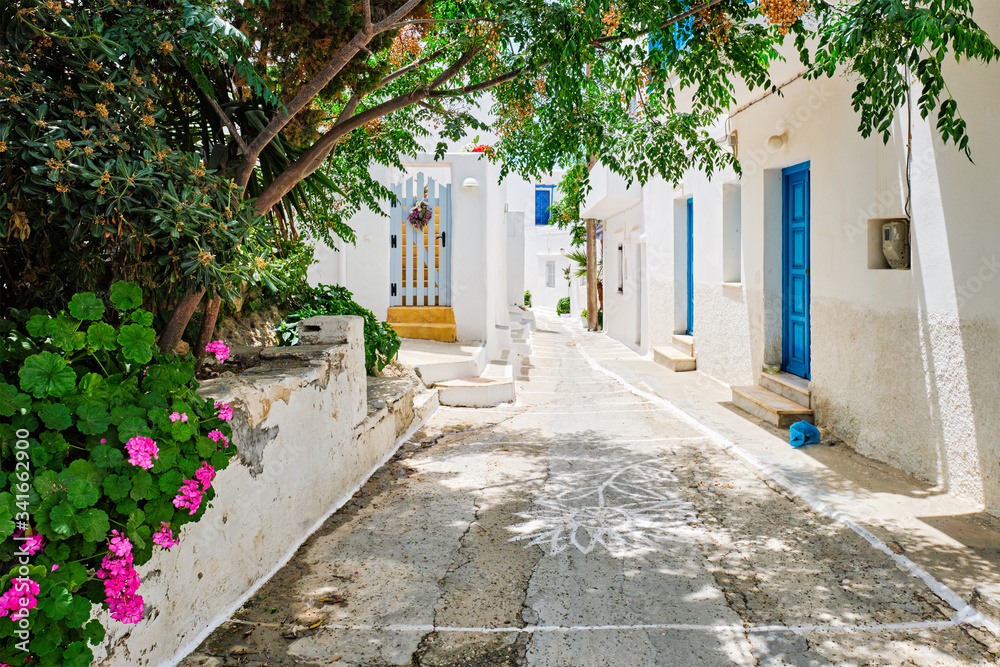 Picturesque narrow street with traditional whitewashed houses with blooming flowers of Naousa town in famous tourist attraction Paros island, Greece