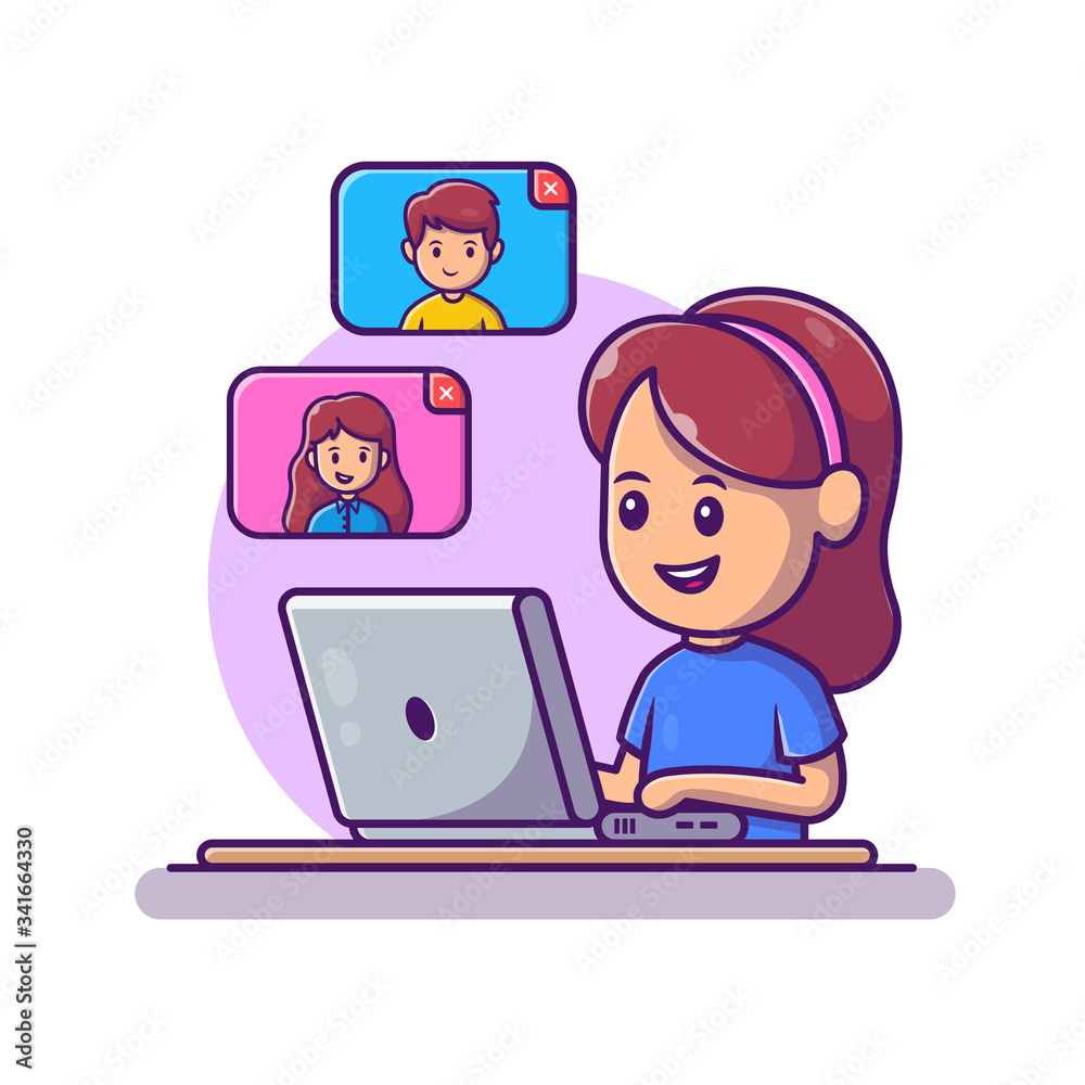Girl Video Call Laptop Vector Icon Illustration. Work From Home Mascot  Cartoon Character. People Icon Concept Isolated. Flat Cartoon Style  Suitable for Web Landing Page, Banner, Flyer, Sticker, Card Stock Vector |