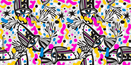 Modern doodle psychedelic fashion eyes seamless pattern in hippie or Memphis style
