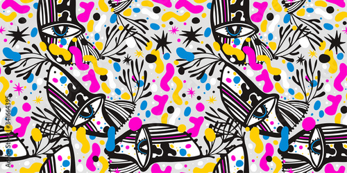 Modern doodle psychedelic fashion eyes seamless pattern in hippie or Memphis style