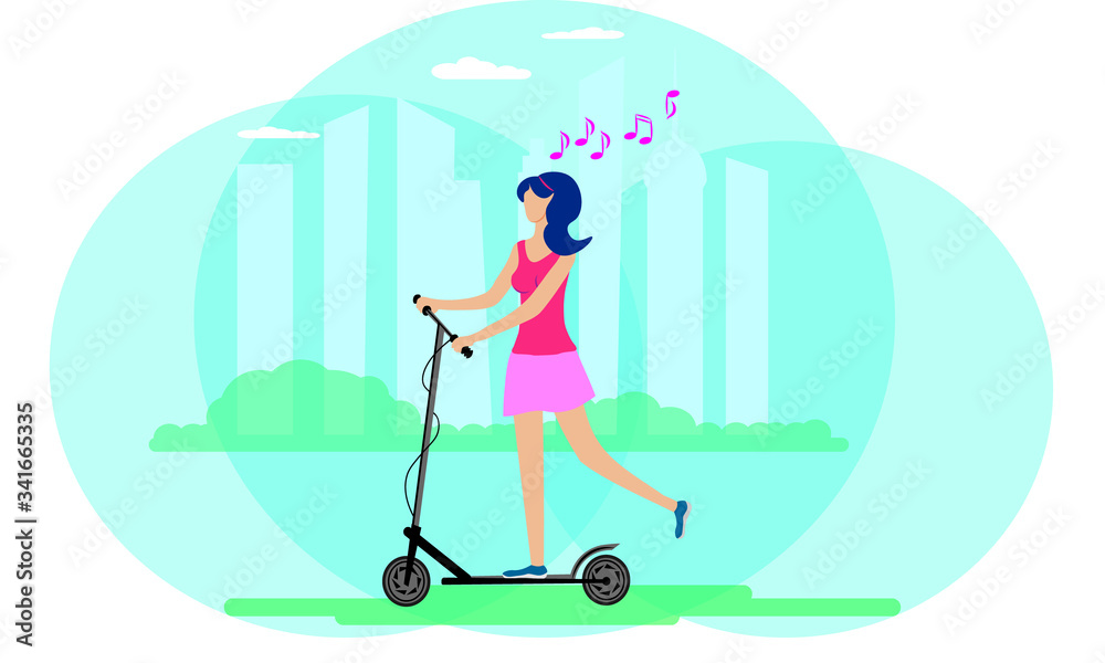 Young woman on a scooter, music plays in her head, rides along the street of an ecologically clean city, active lifestyle concept, vector illustration. Young woman on a scooter, music plays in her head, rides along the street of an ecologically clean city, active lifestyle concept, vector illustration.