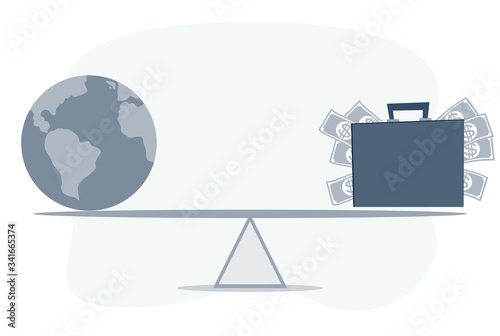 World globe and money balancing on a seesaw. Vector flat design illustration.