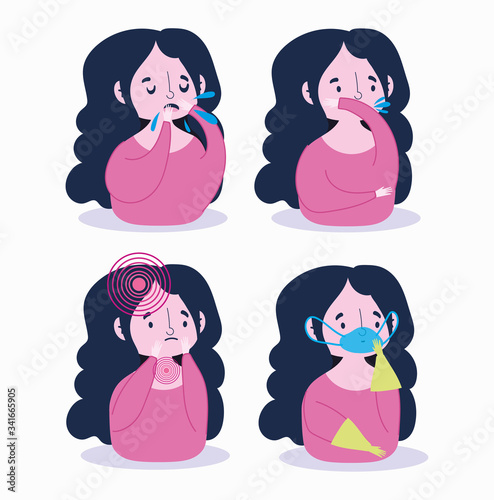 covid 19 coronavirus infographic, girl with mask gloves and symptoms dry cough, sore throat, shortness of breath