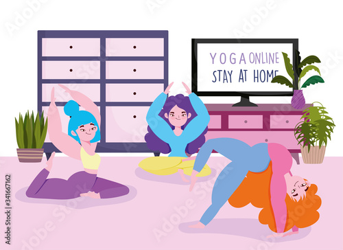 online yoga, young women in room practicing different pose of yoga