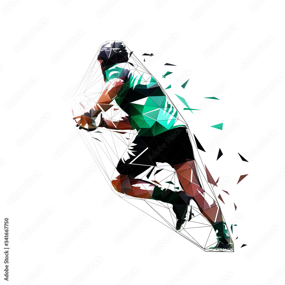Fototapeta premium Rugby player running with ball, low poly isolated vector illustration, geometric drawing