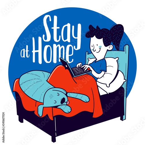 Stay at Home. Woman works with her laptop from bed