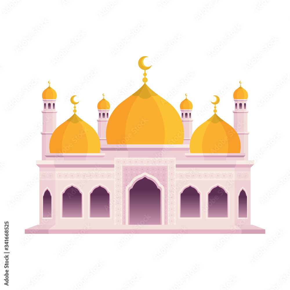 Modern Mosque vector illustration with flat design. Yellow or gold dome and wall with soft peach color. 
