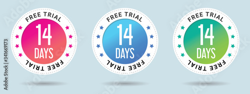 14 Days Free Trial stamp vector illustration. Vector certificate icon. Set of 3 beautiful color gradients. Vector combination for certificate in flat style.