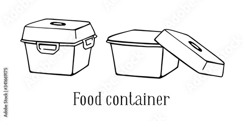 Set of two food containers. Open and closed. Hand drawn vector sketch illustration